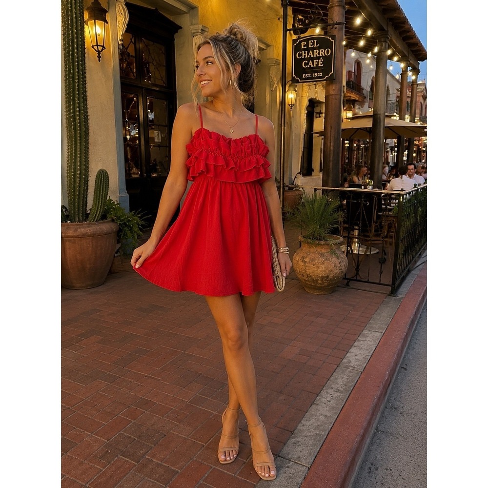 Sienna Sky Red Ruffle Babydoll Mini Dress Smocked Back Spaghetti Strap Small